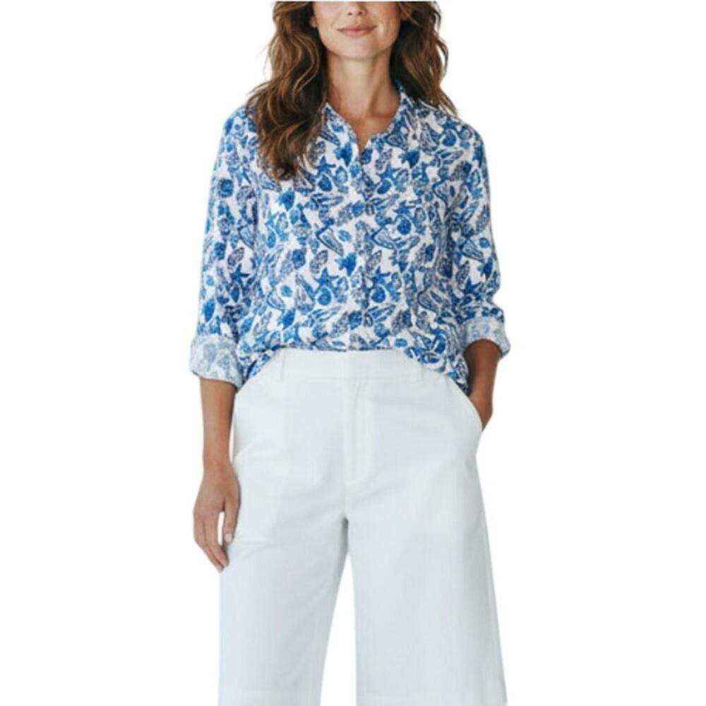 LILLY PULITZER Sea View Linen White Shell Shirt Women M Classic Versatile Resort
